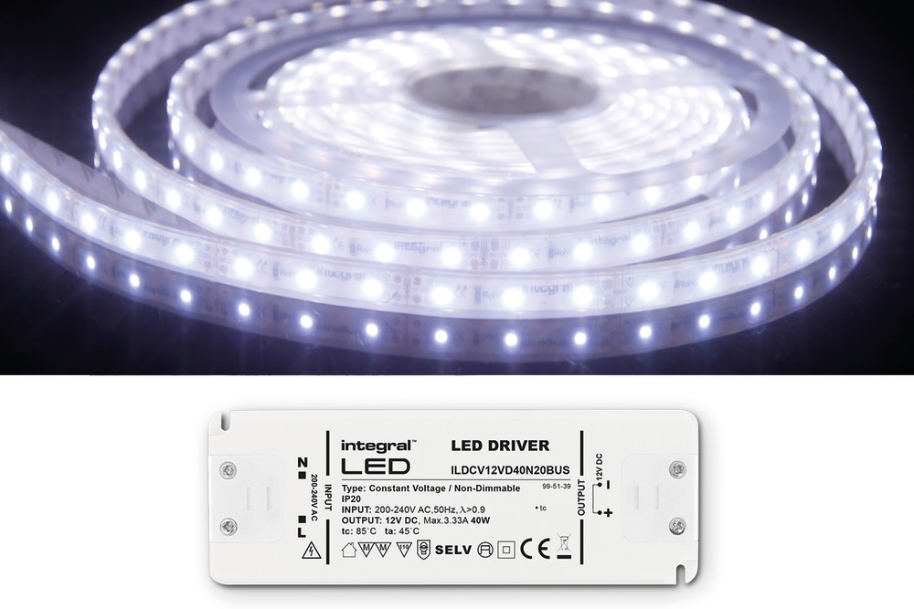 STRIP AND DRIVER KIT IP67 5M 6500K 12V 6W/M 350LM/M 60LED/M 10MM WIDTH 115 BEAM BOX PACK WITH 12V IP20 50W DRIVER