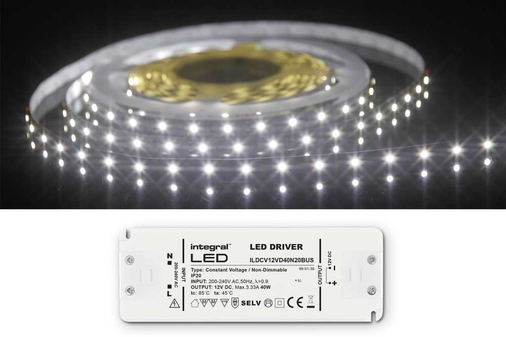 STRIP AND DRIVER KIT IP33 5M 6500K 12V 6W/M 460LM/M 60LED/M 8MM WIDTH 115 BEAM BOX PACK WITH 12V IP20 50W DRIVER